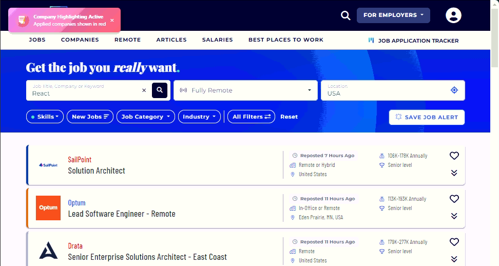 Recommended filters on job platform